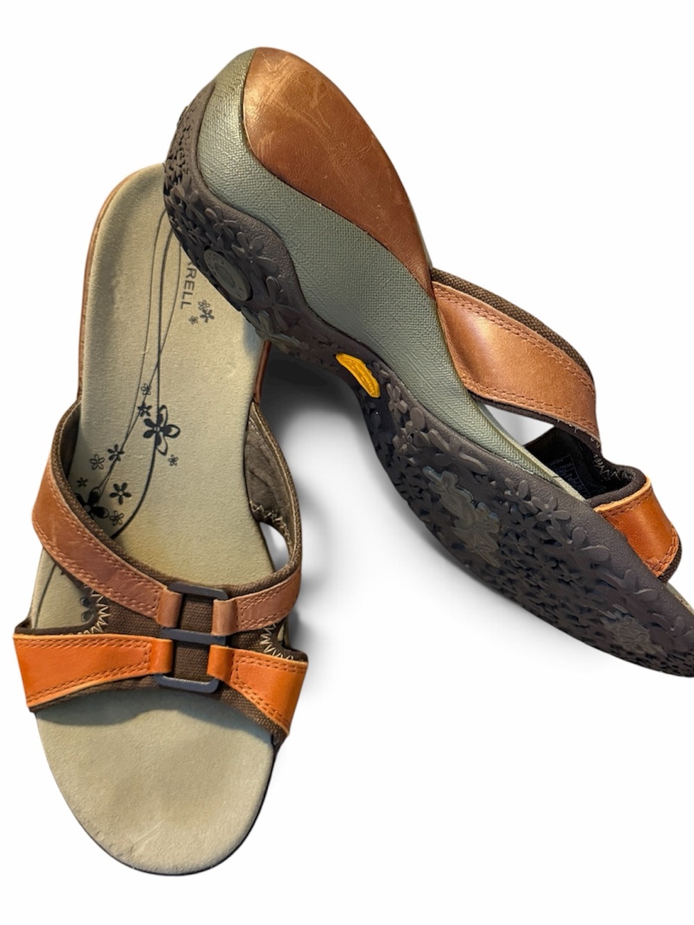 Merrell Slip on Wedge Women's Two-Tone Tan & Brown Leather Sandals